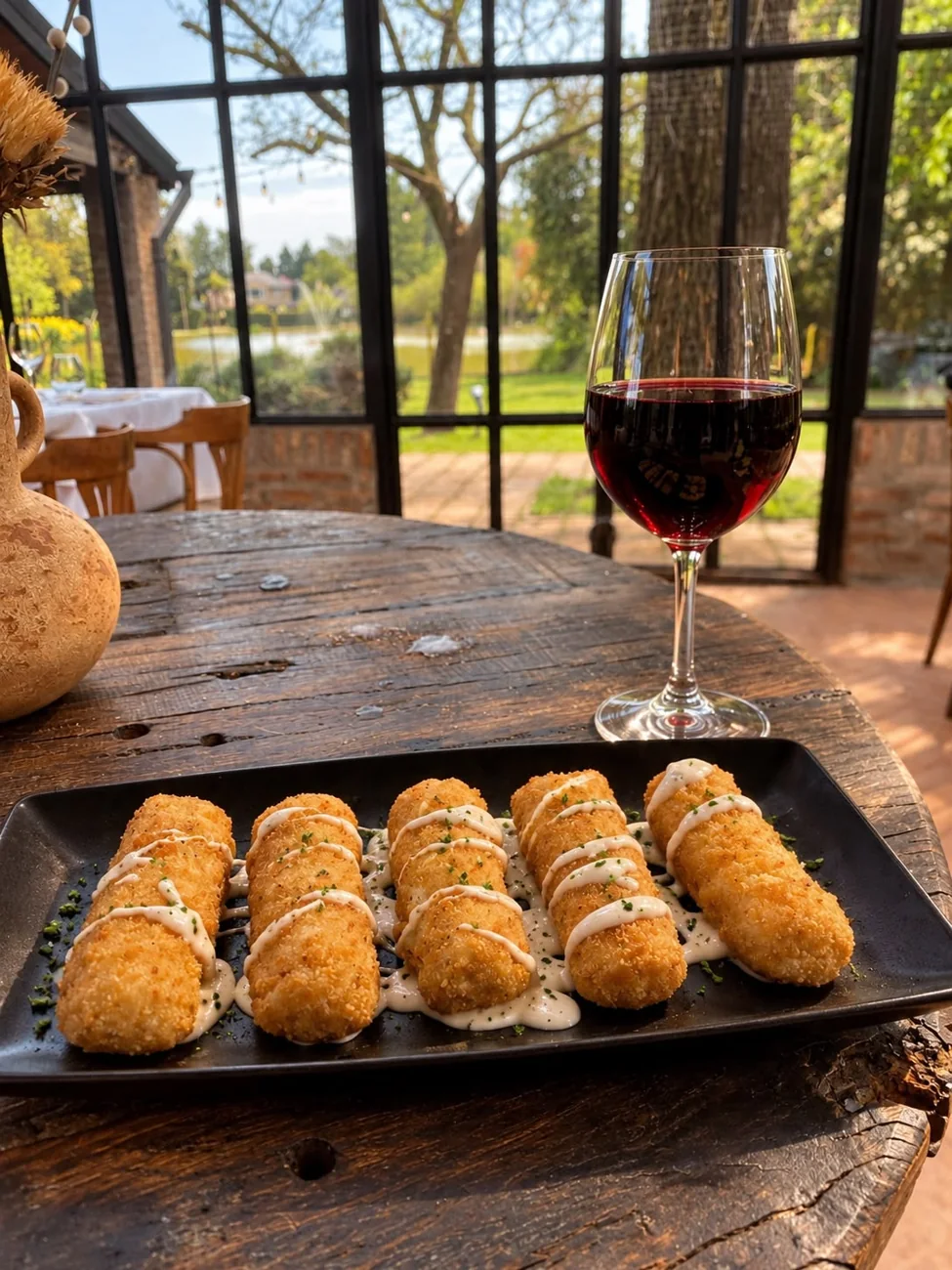 Croquetas caseras servidas con vino